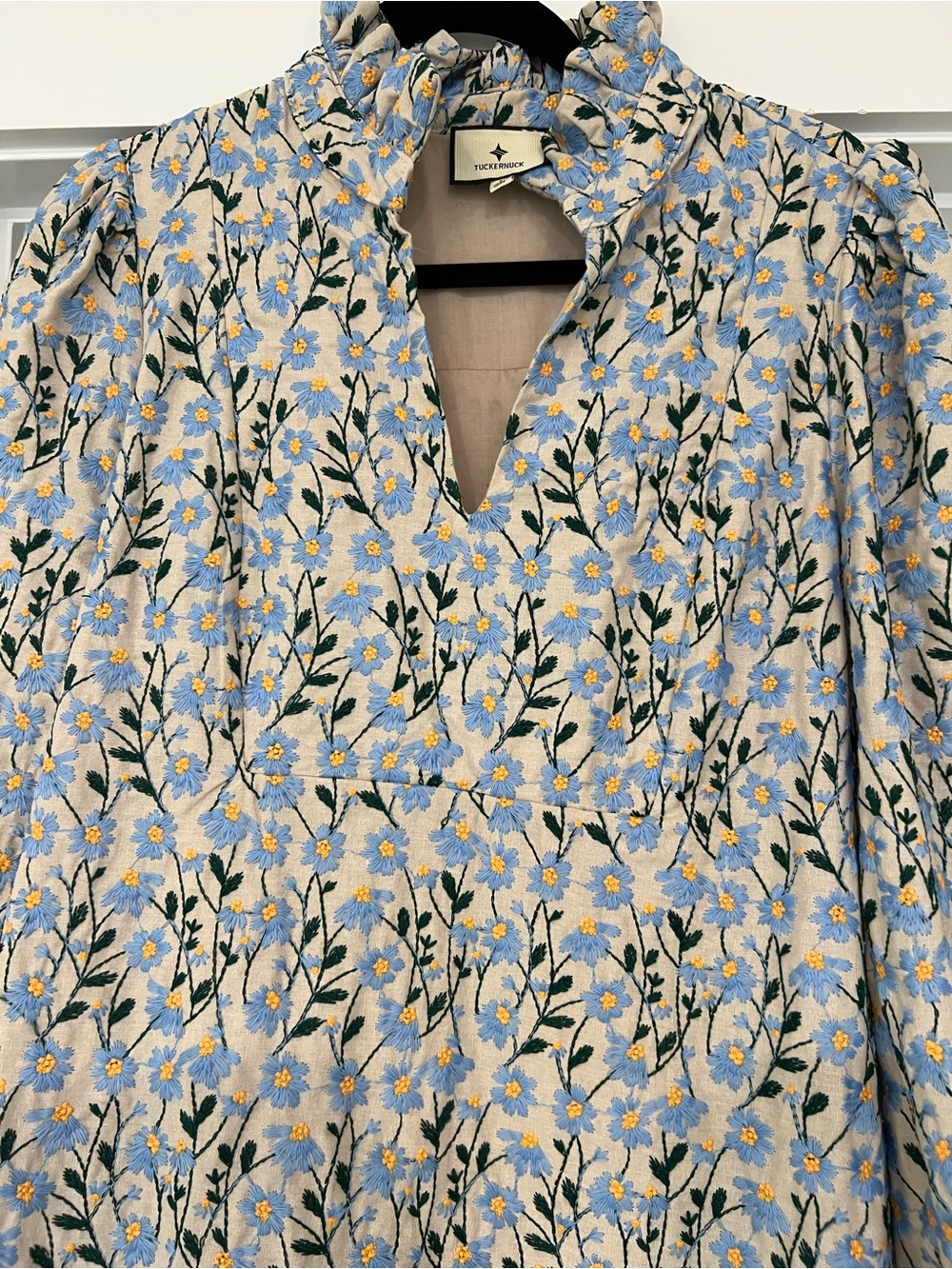 Tuckernuck Blue and Yellow Floral Ruffle-Neck Mini Dress - Picture 2 of 6